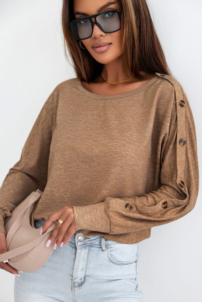 Khaki Solid Color Button Decor Dolman Sleeve Top