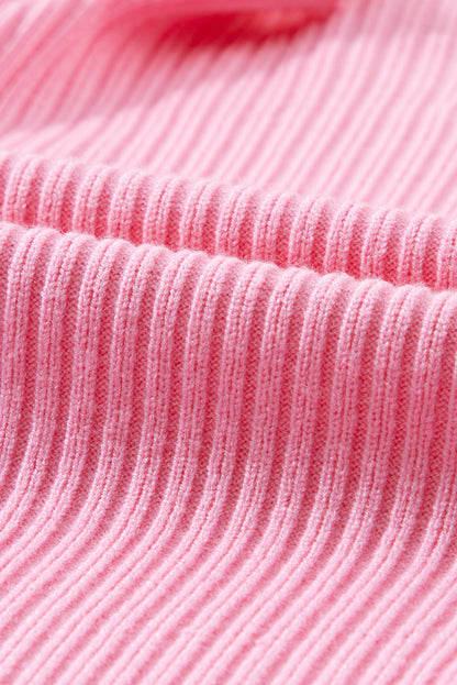 Pink Patch Pocket Ribbed Knit Short Sleeve Sweater