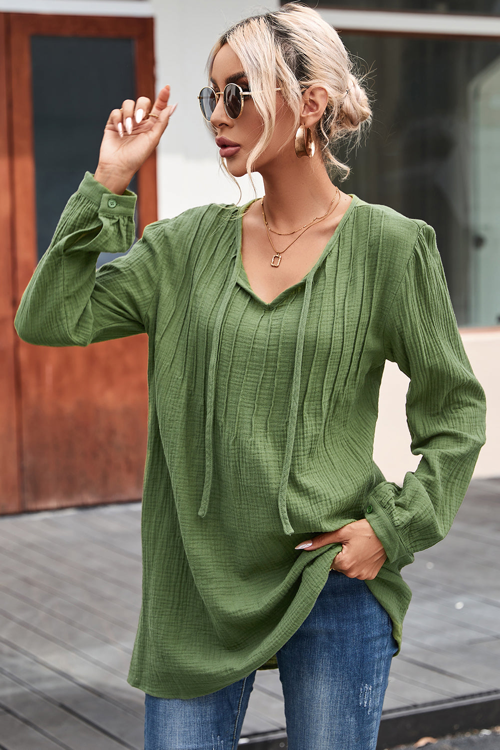 Green Casual Pleated V Neck Textured Loose Top