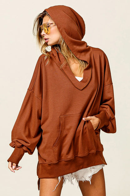 Chestnut V Neck Kangaroo Pocket Oversized Hoodie