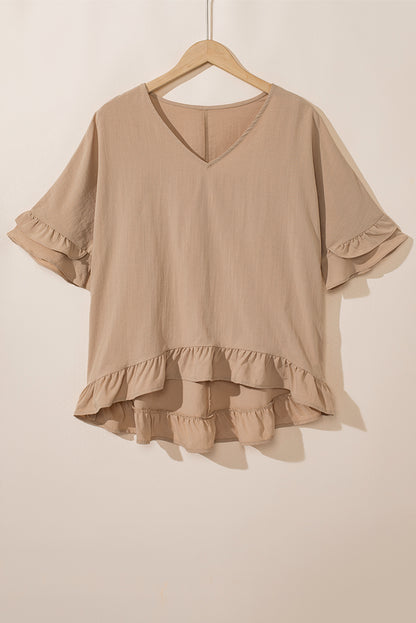 Light French Beige Loose Ruffled V Neck Blouse