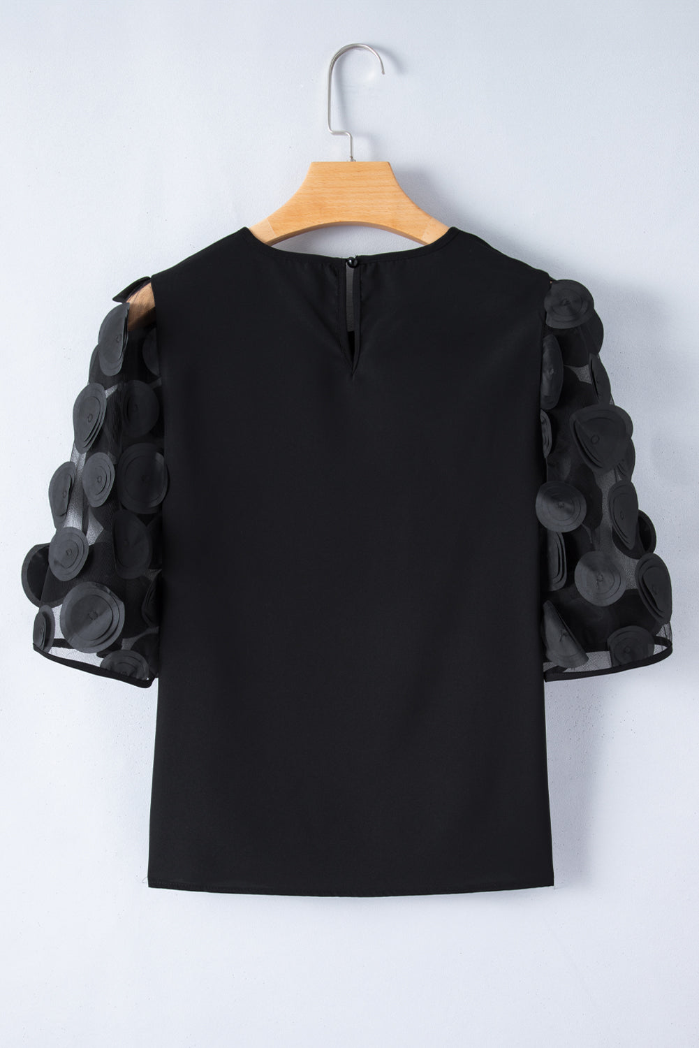 Black Contrast Applique Mesh Half Sleeve Blouse