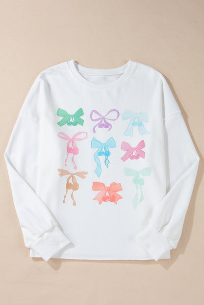 White Bowknot Pattern Drop Shoulder Loose Sweatshirt