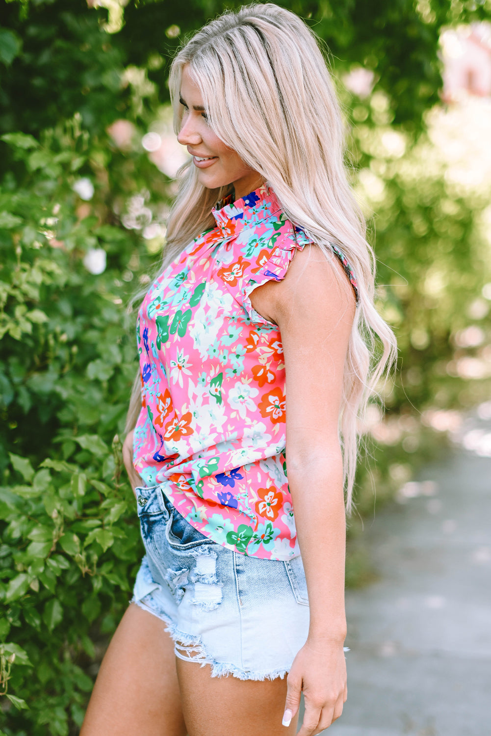 Pink Frilled Collar Floral Vest