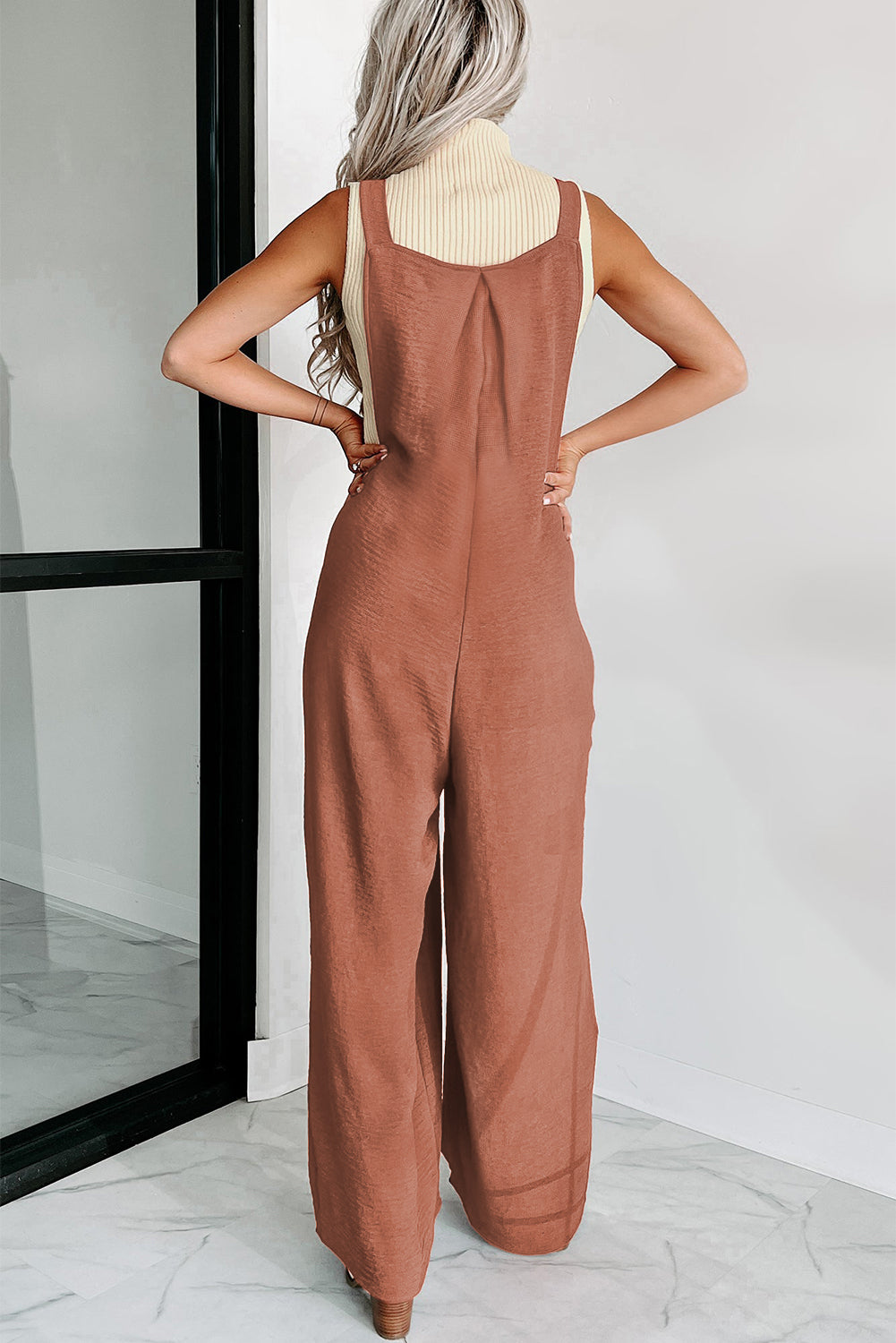 Gold Flame Textured Buttoned Straps Ruched Wide Leg Jumpsuit