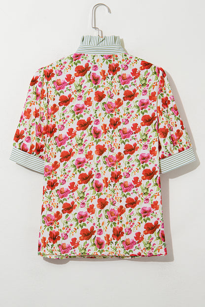 Red Floral Print Striped Patchwork Collared Short Sleeve Blouse