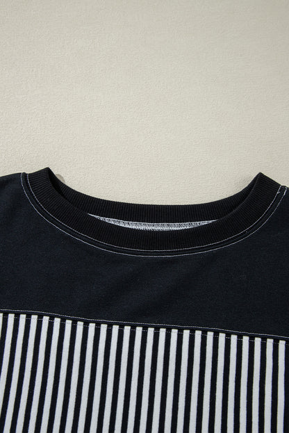 Black White Striped Patchwork 3/4 Sleeve Oversize Top