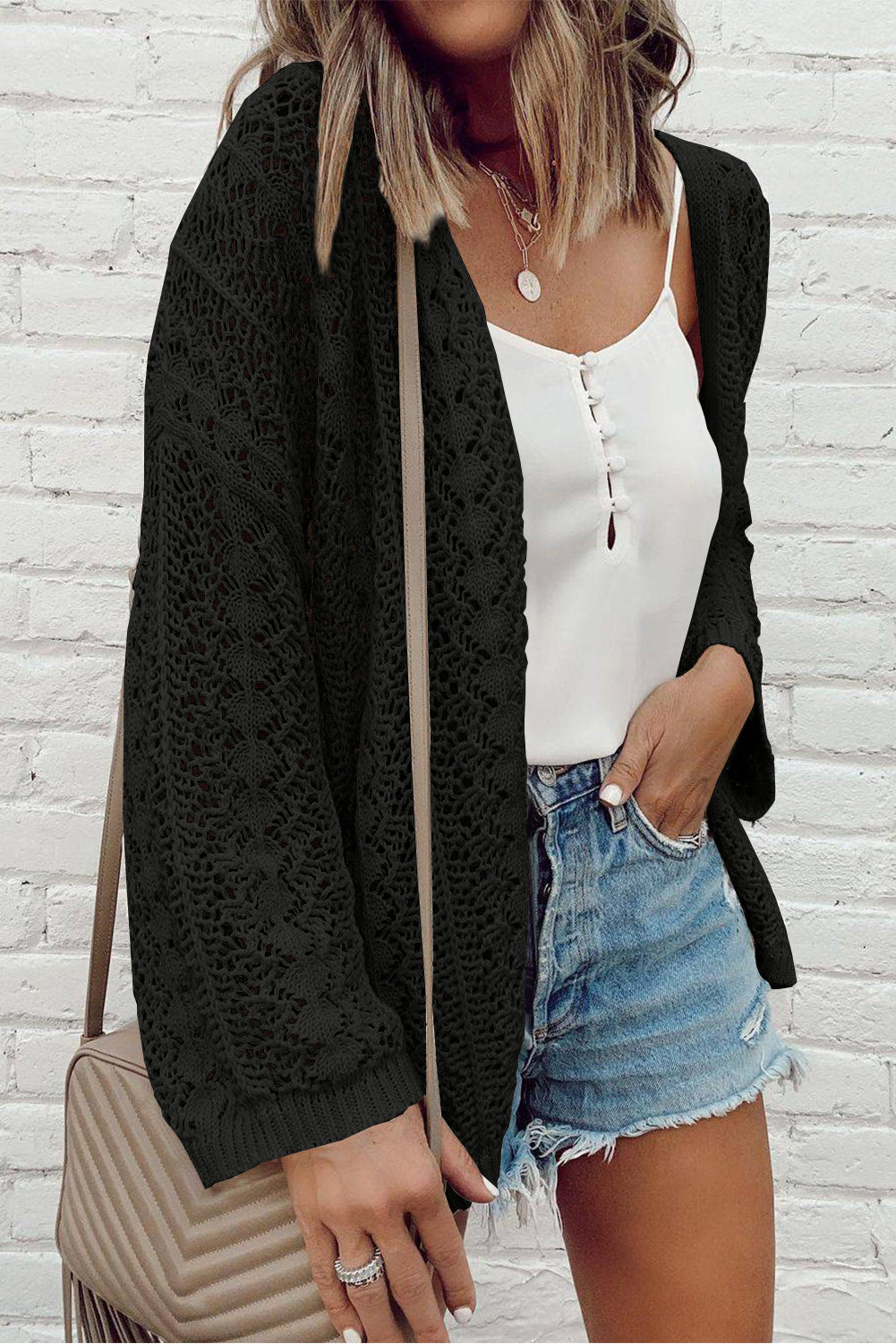 Black Hollow Out Knit Drop Shoulder Open Front Cardigan