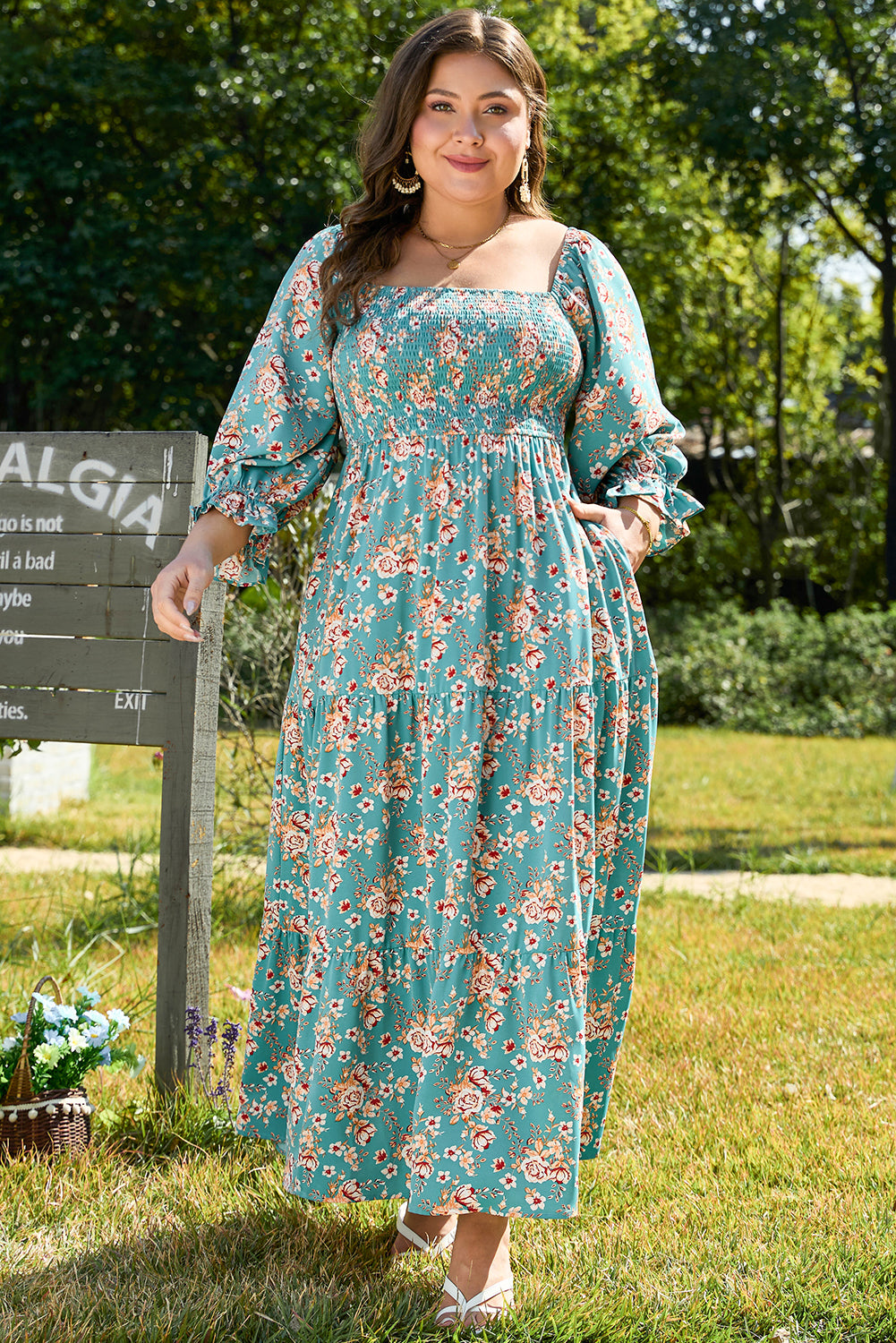 Green Plus Size Floral Print Square Neck Smocked Maxi Dress