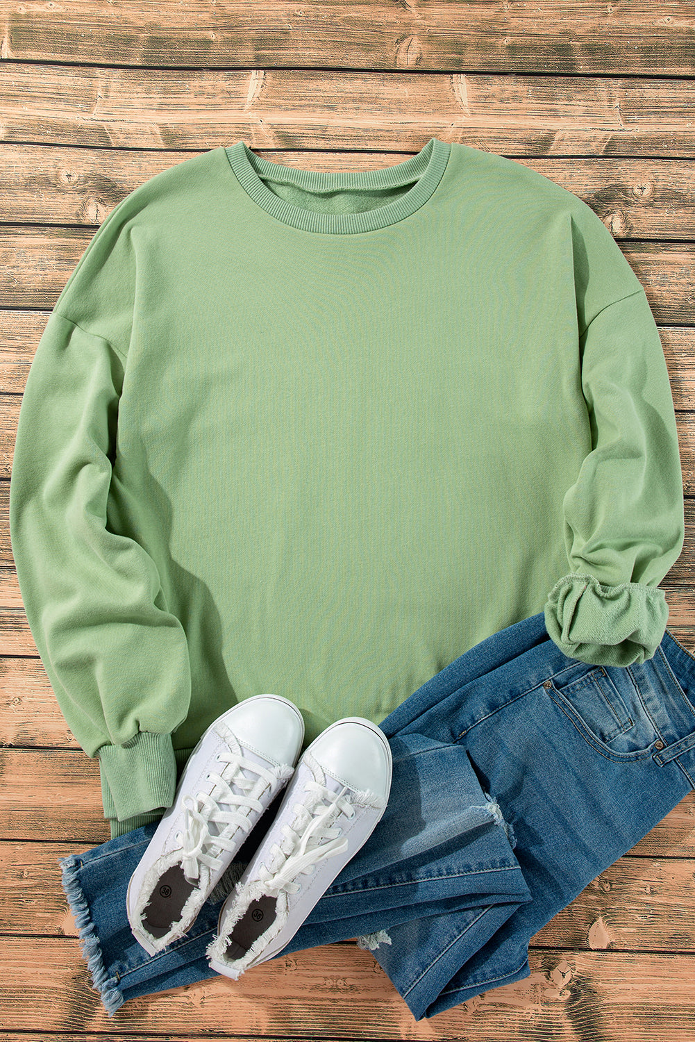 Grass Green Solid Fleece Lined Drop Shoulder High Low Sweatshirt