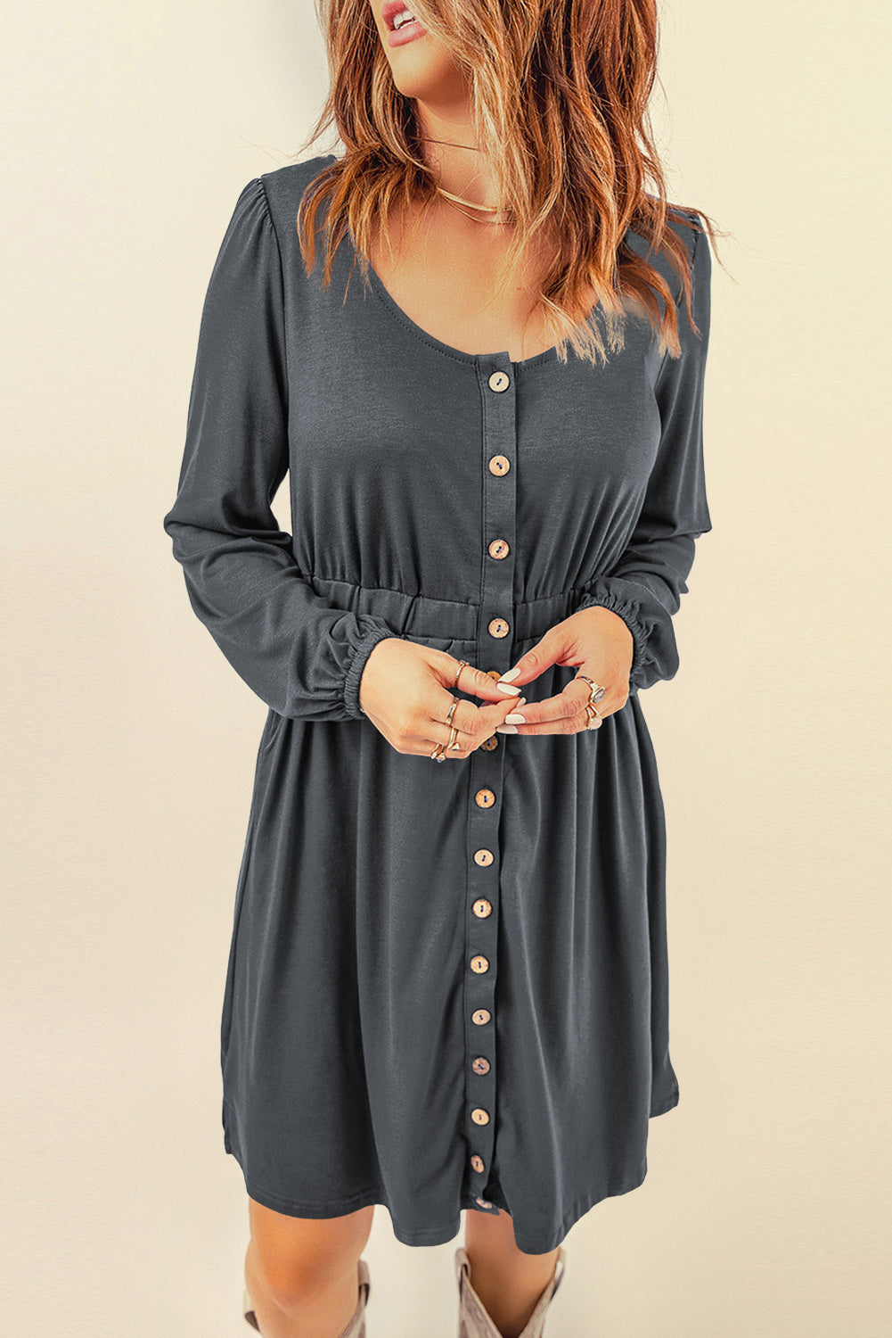 Gray Button Up High Waist Long Sleeve Dress