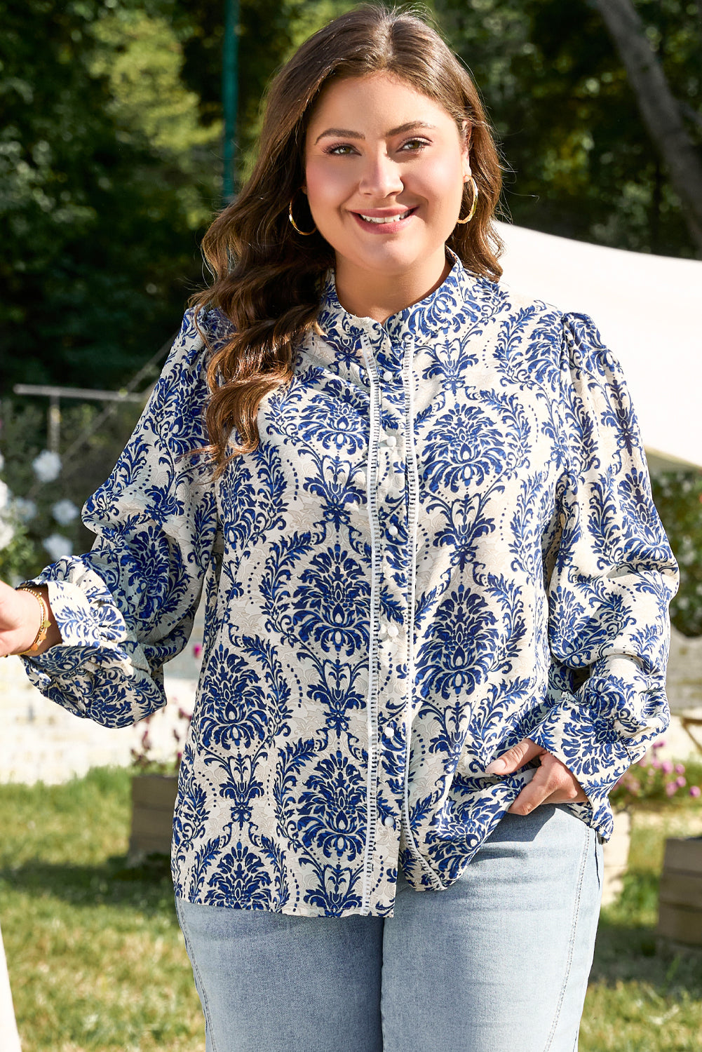 Sky Blue Tribal Pattern Print Notch Neck Buttoned Plus Size Shirt