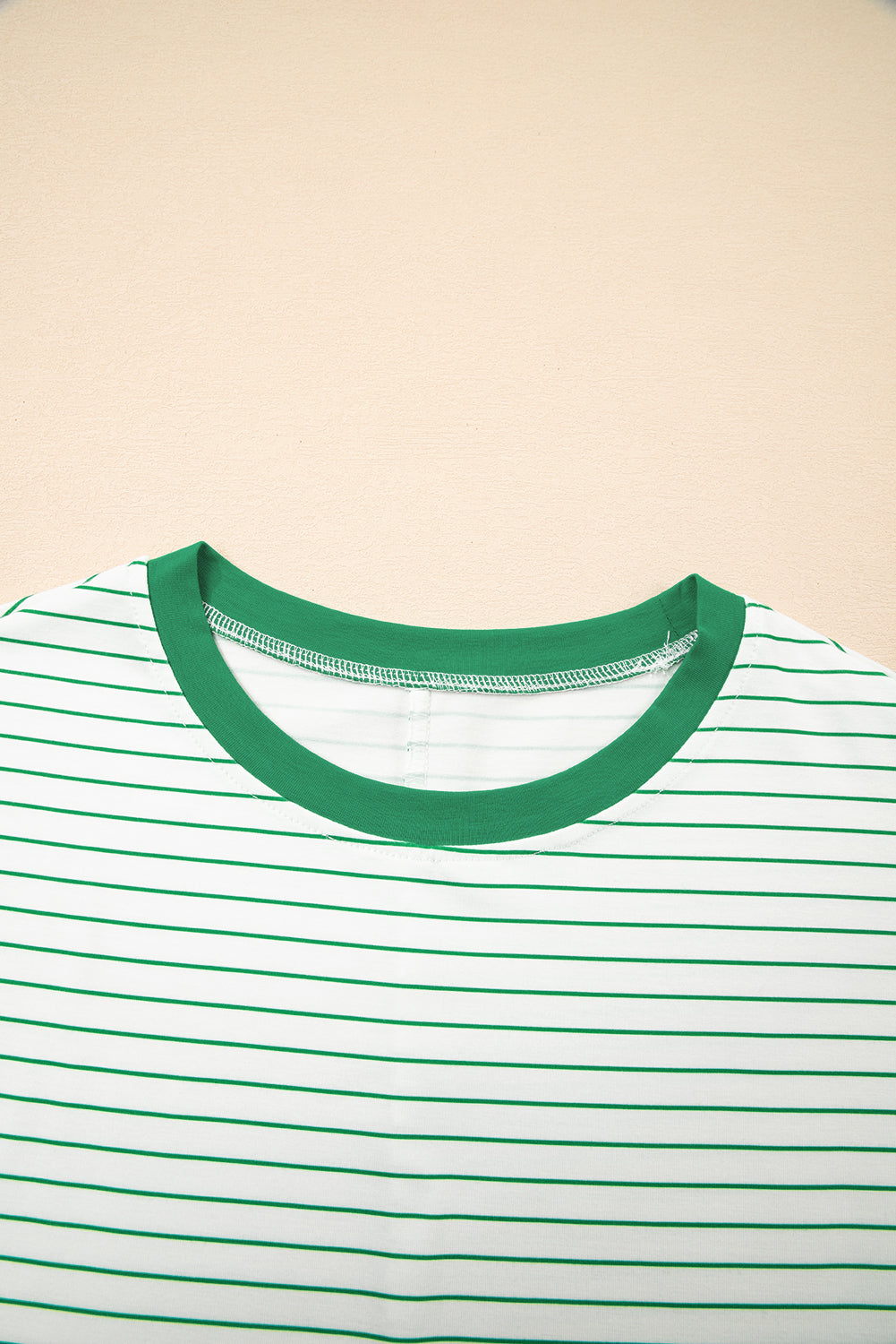 Green Stripe Ruffled Short Sleeve Crew Neck T Shirt Shift Mini Dress