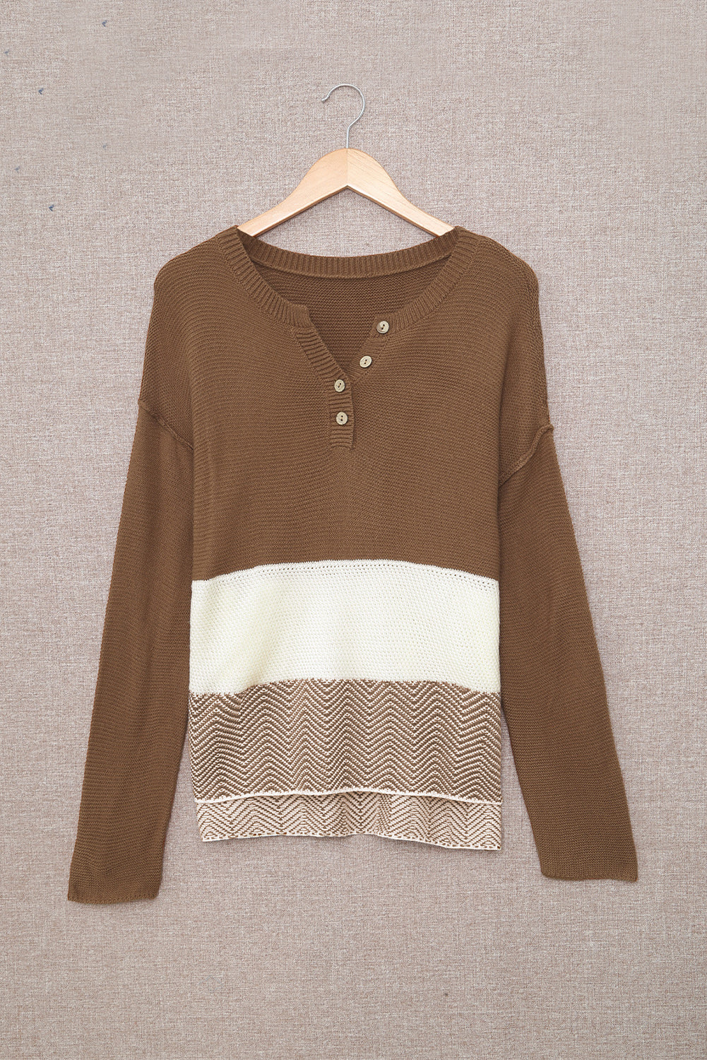 Brown Splicing Buttoned Knitted Long Sleeve Sweater