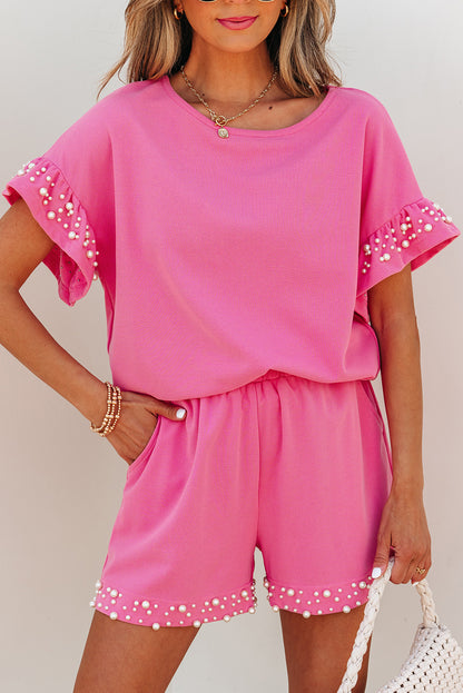 Bright Pink Textured Pearled Ruffle Sleeve Top 2 Piece Shorts Set