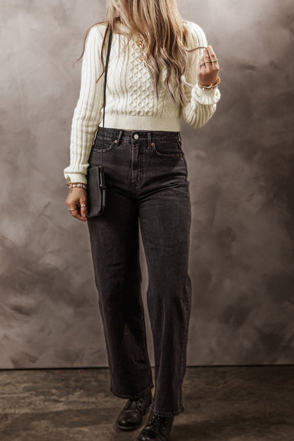 White Cable Knit Cropped Sweater