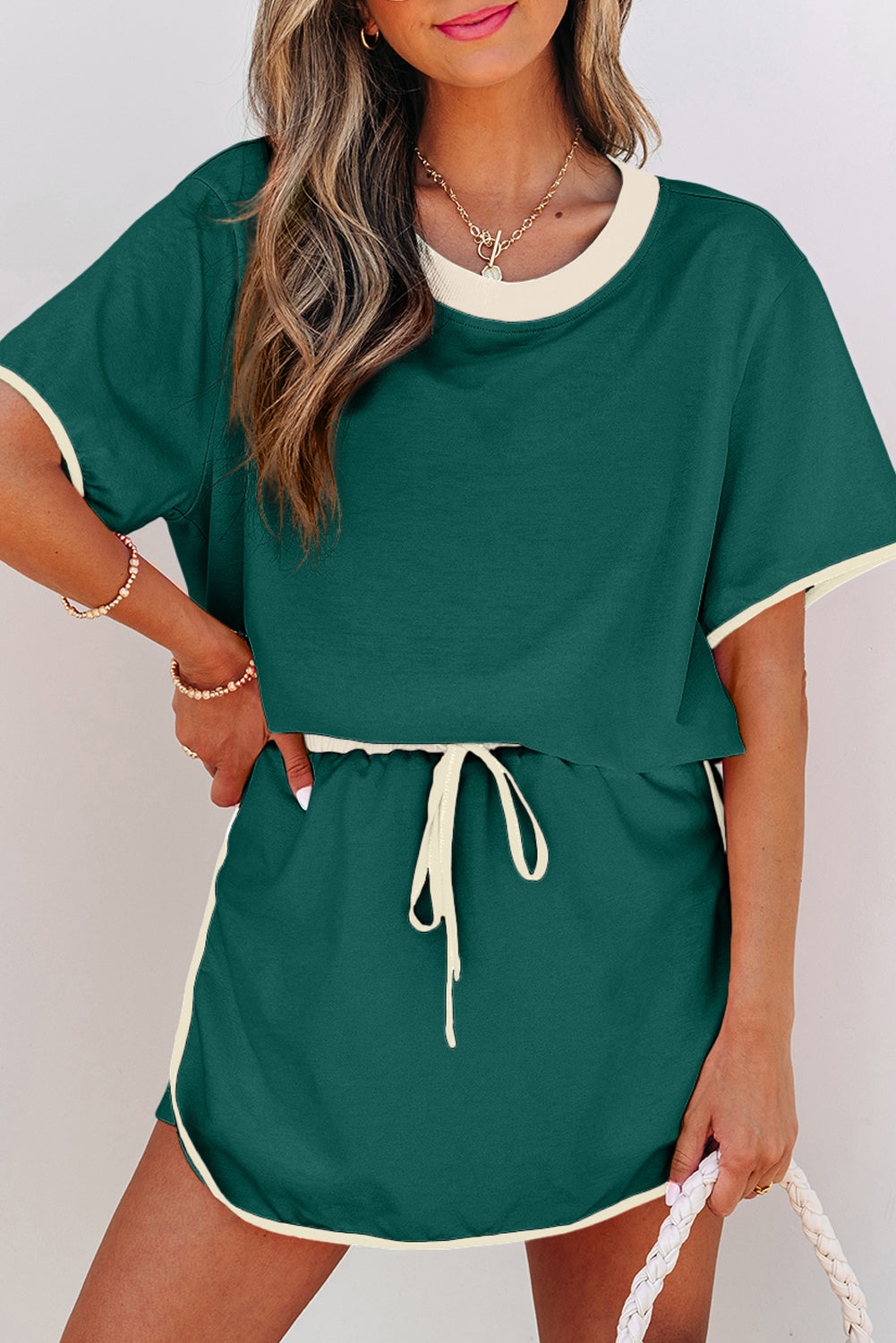 Evergreen Colorblock Edge Drop Shoulder T Shirt and Skirt 2Pcs Set