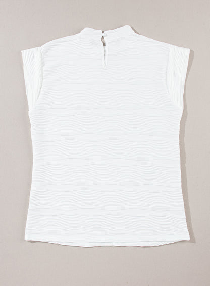 White Wavy Textured Mock Neck Cap Sleeve Top