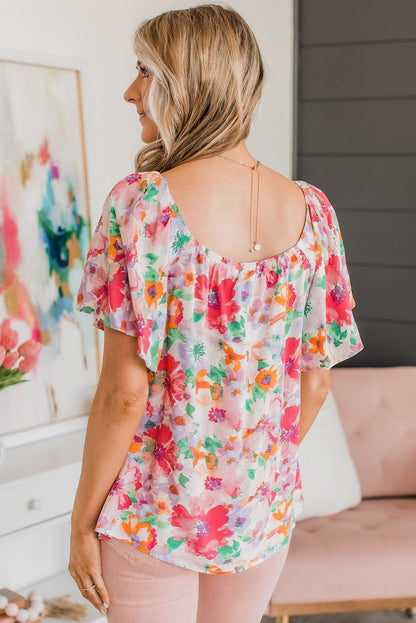 Multicolor Watercolor Floral Square Neck Ruffle Sleeve Blouse