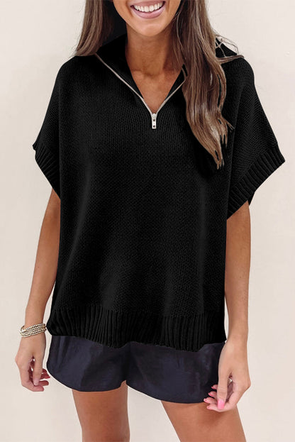 Black Quarter Zip Short Batwing Sleeve Sweater