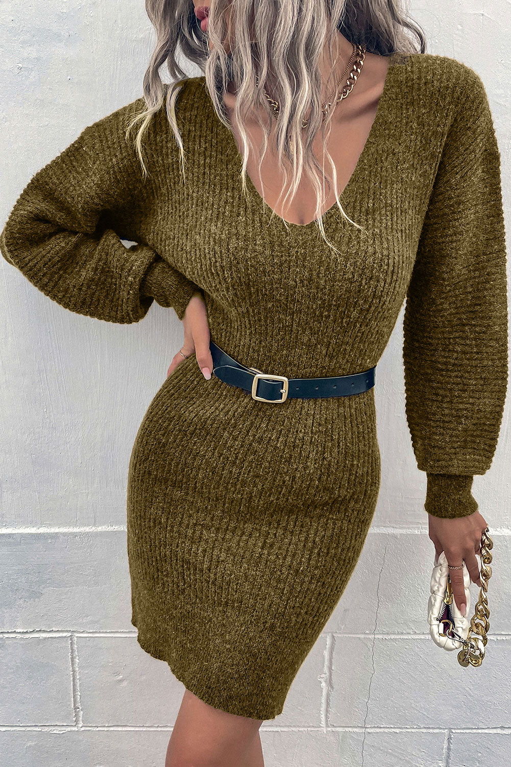 Green V Neck Bodycon Sweater Dress