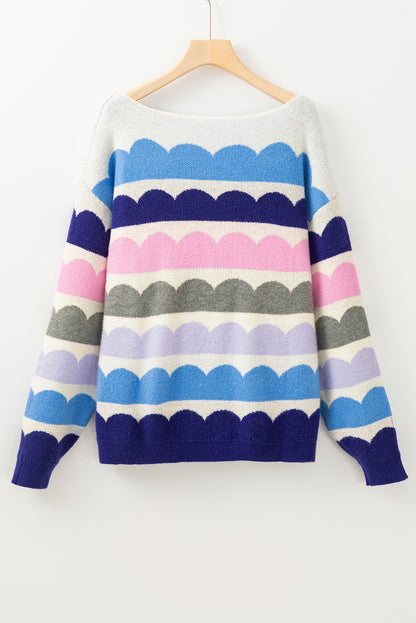 Dark Blue Wave Striped Balloon Sleeve Drop Shoulder Sweater