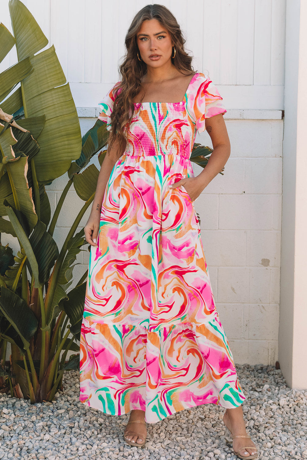 Pink Abstract Print Ruffled Sleeve Smocked Bust Maxi Dress