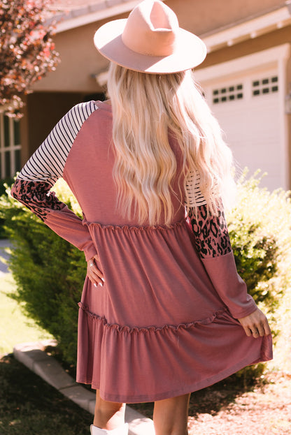 Pink Striped Leopard Patchwork Long Sleeve Mini Dress