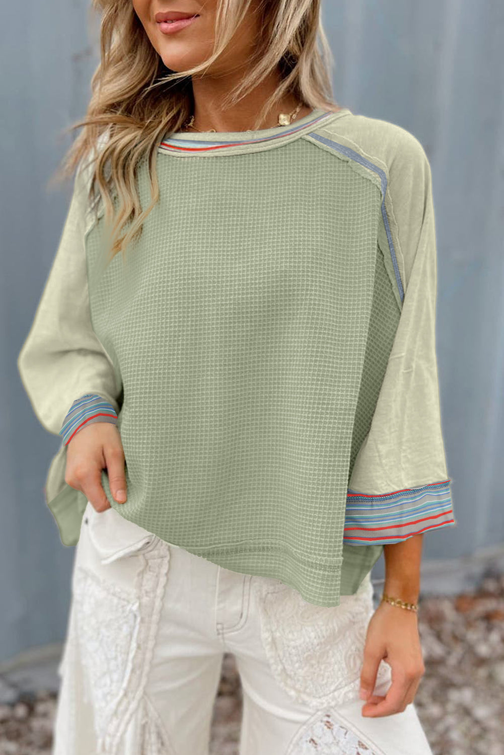 Meadow Mist Green Waffle Knit Wide Bracelet Sleeve Patchwork Raglan Top