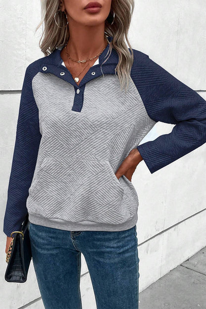 Gray Textured Contrast Splicing Raglan Sleeve Top