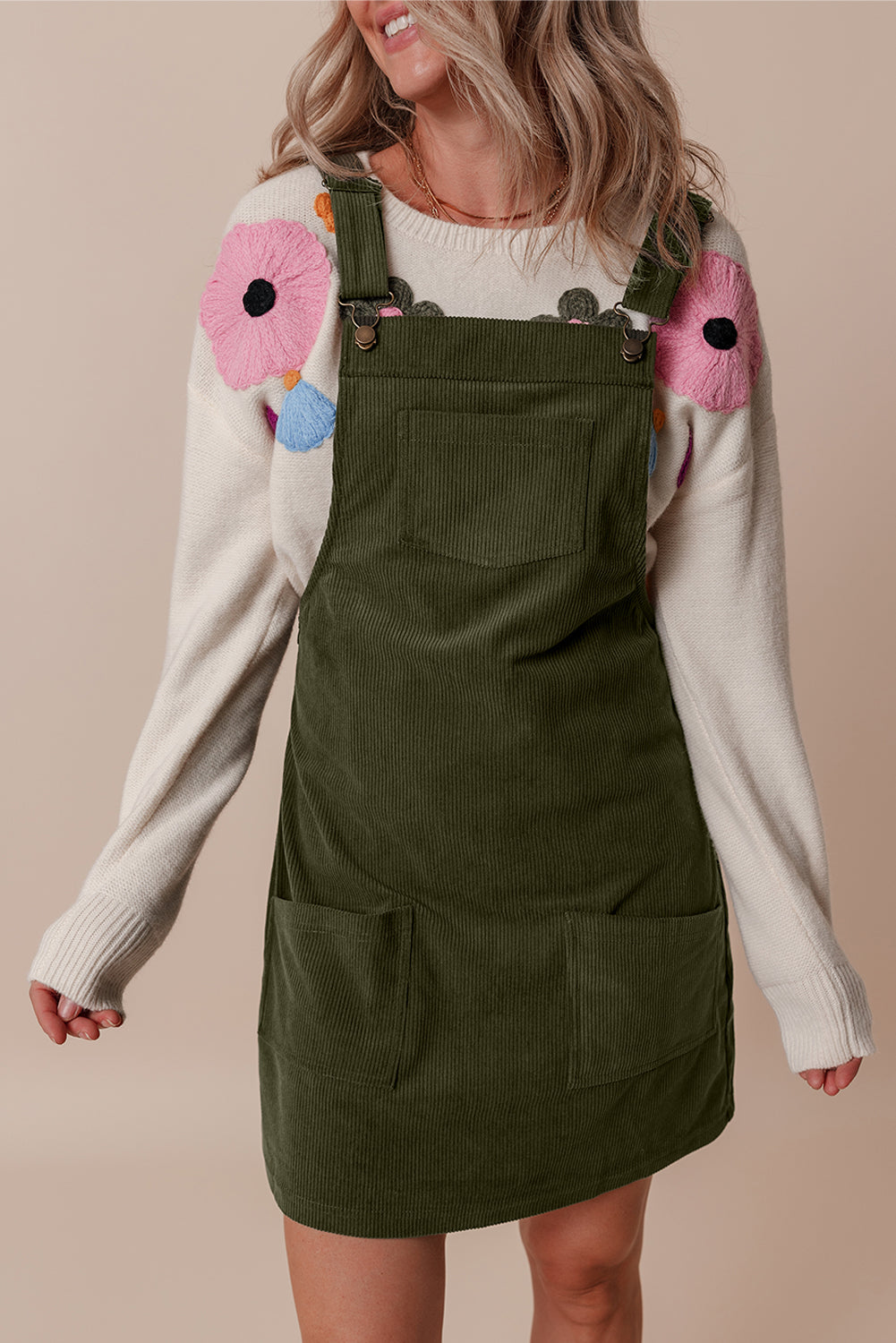 dark green overall dress Dark Green Corduroy Pinafore Dress with Pleated Midi Skirt Green / XS