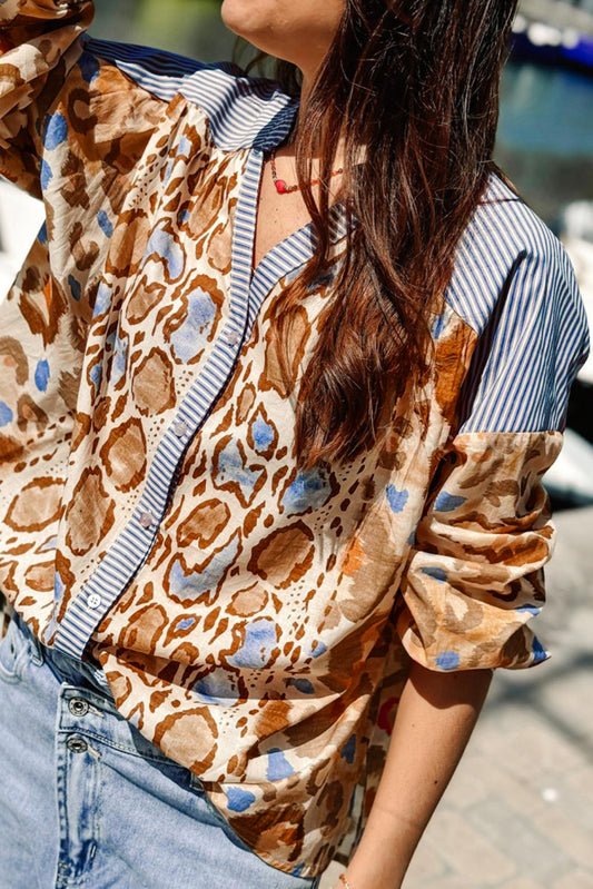 Light French Beige Colorful Leopard Striped Print Patchwork V Neck Shirt