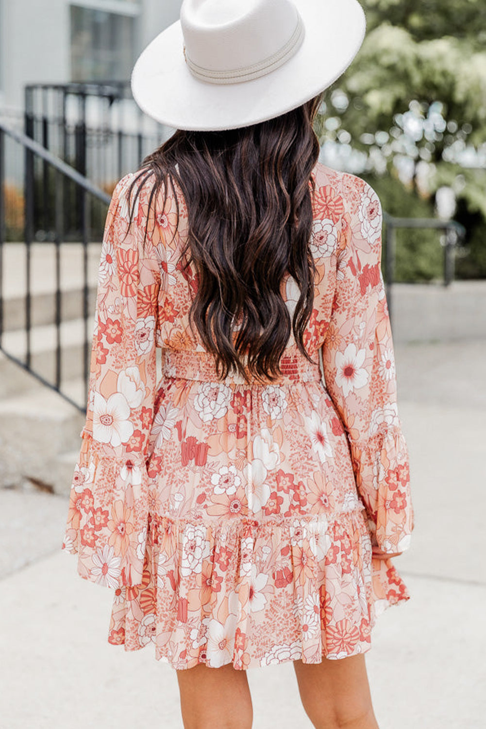 Floral Smocked High Waist Bell Sleeve Mini Dress