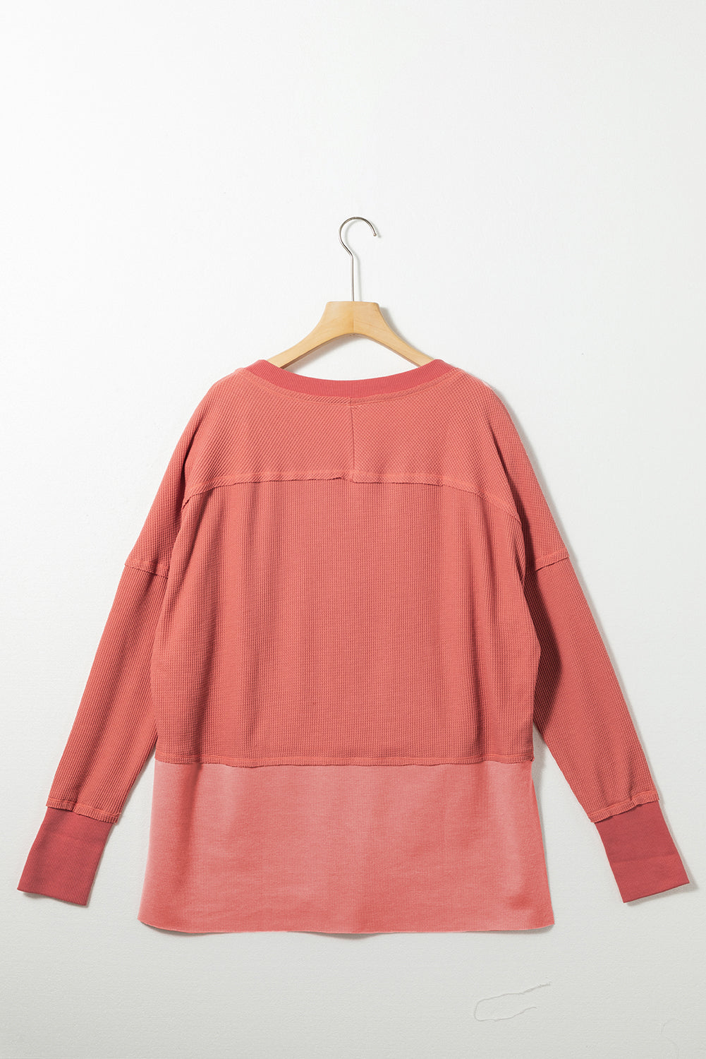 Mineral Red Exposed Seam Slit Neck Waffle Knit Patchwork Top