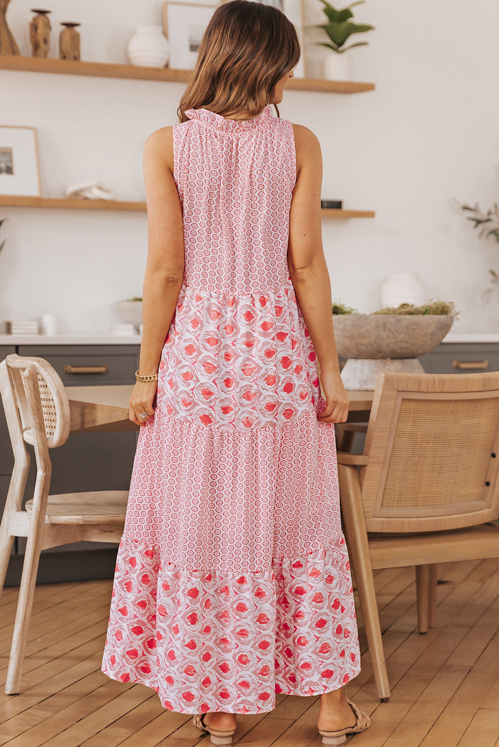 Pink Abstract Print Split Neck Sleeveless Maxi Dress