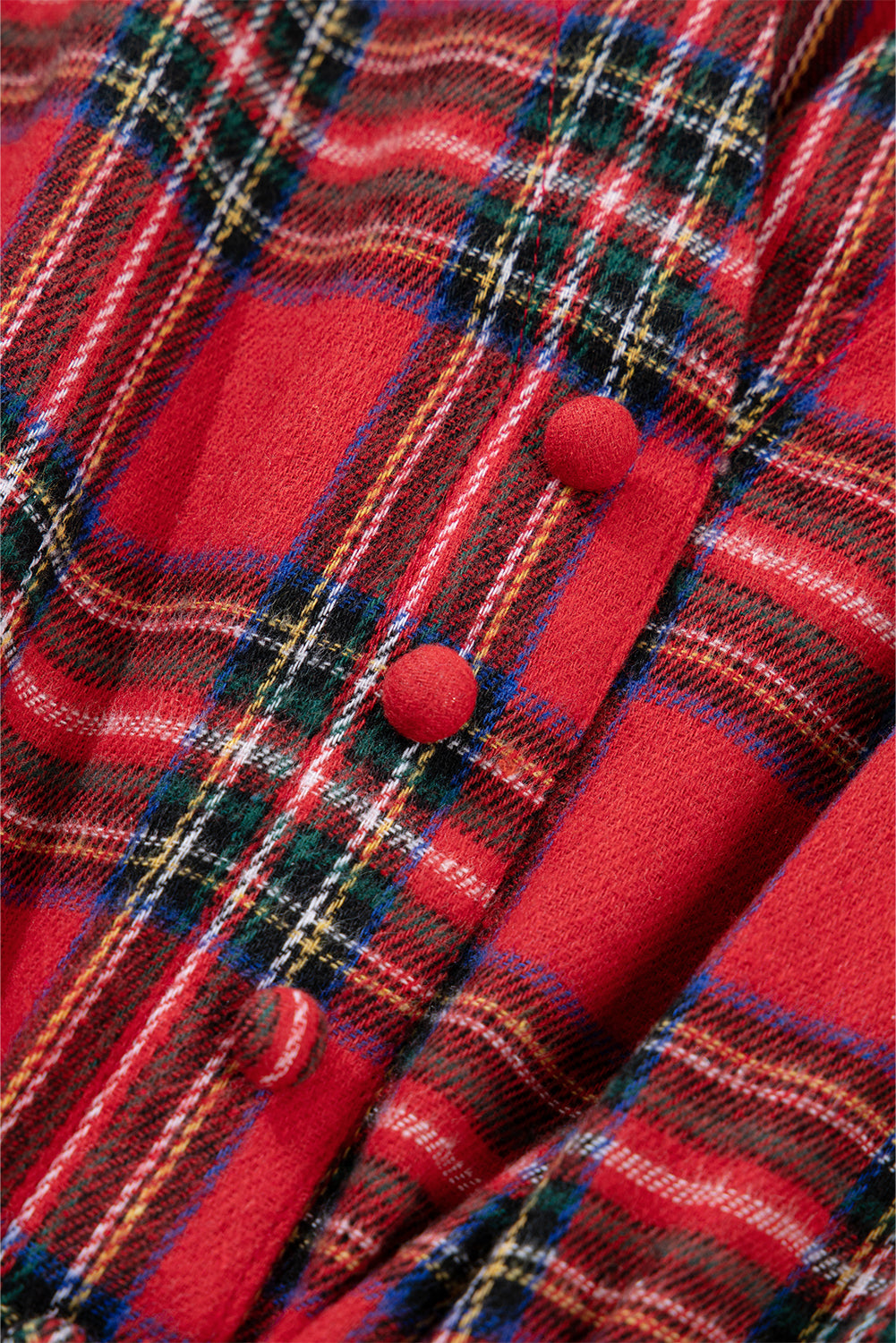 Red Christmas Plaid V Neck 3/4 Sleeve Tie Waist Ruffle Hem Long Dress