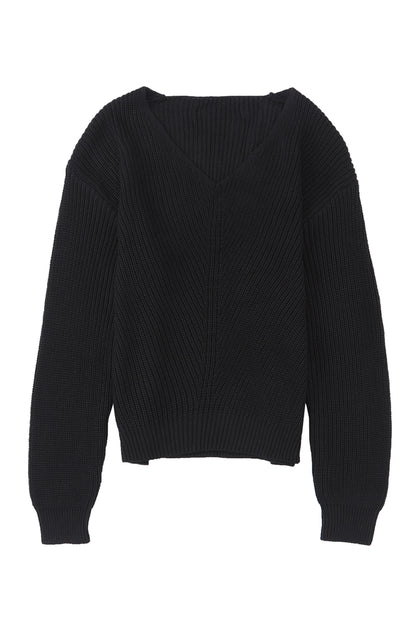 Black Ribbed Knit V Neck Sweater