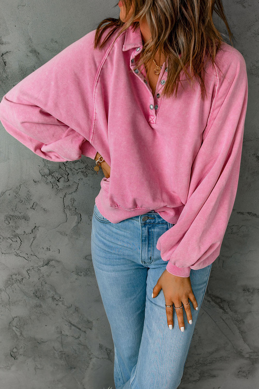 Pink Washed Snap Buttons Lantern Sleeve Pullover Sweatshirt