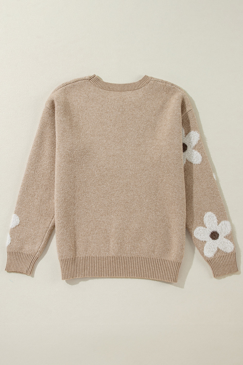 Parchment Flower Pattern Ribbed Trim Crew Neck Sweater