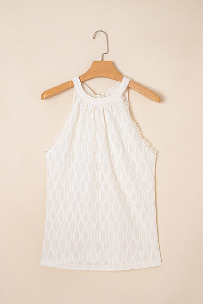 Beige Frenchy Lace Trim Textured Halter Tank Top
