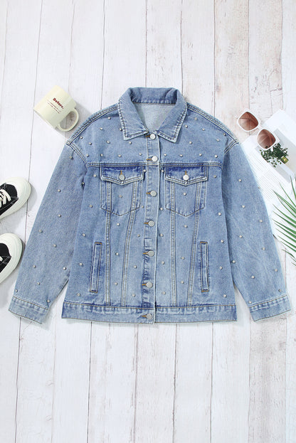 Mist Blue Rhinestones Studded Denim Jacket