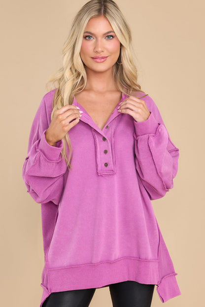 Purple Oversized Exposed Seam Henley Sweatshirt