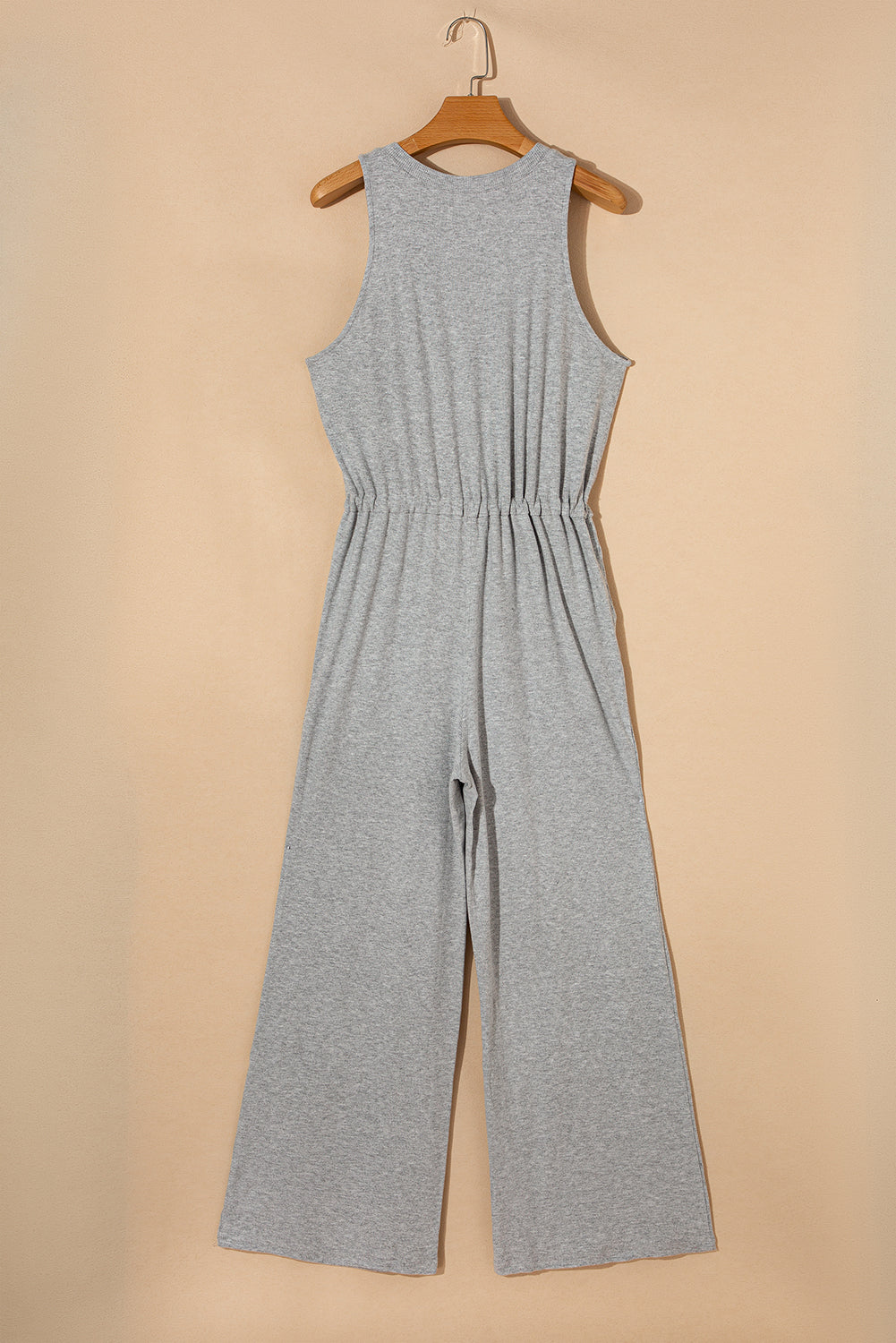 Gray Ribbed Knit Buttons Drawstring Sleeveless Jumpsuit