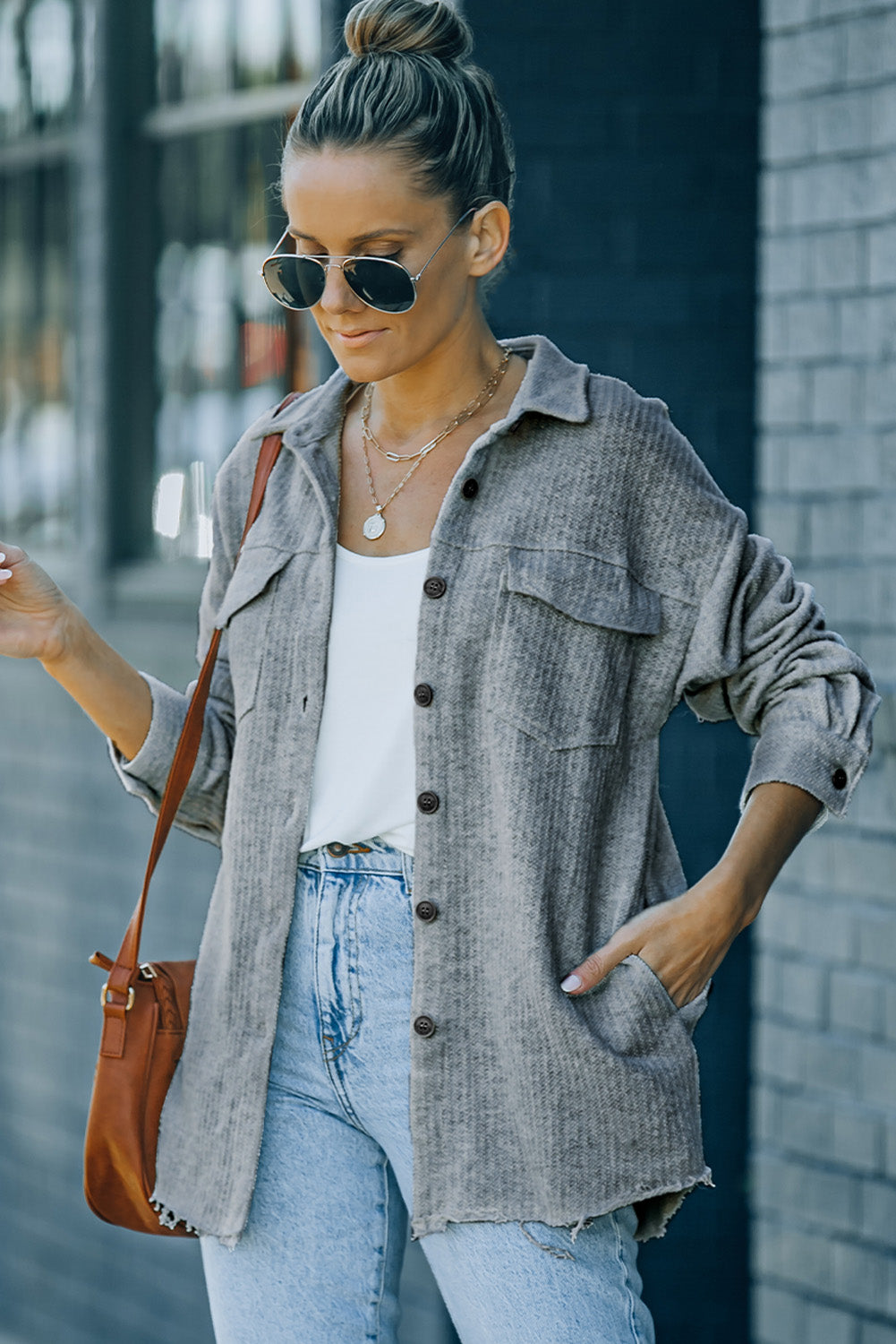 Textured Button Down Shirt Jacket with Pockets