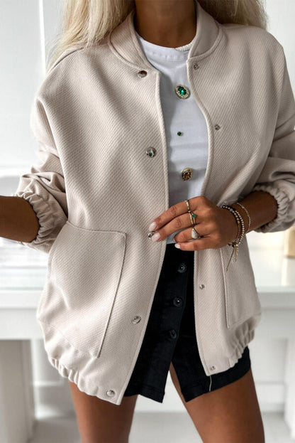 Beige Baseball Collar Snap Button Pocketed Bomber Jacket