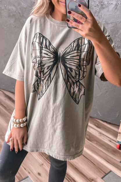 Casual Oversize Big Bow Printed Drop Shoulder Tunic Casual Tee