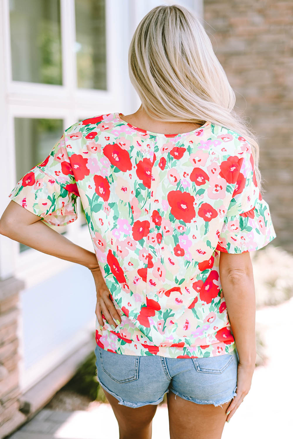 Fiery Red Floral Print Ruffled Short Sleeve V Neck Blouse