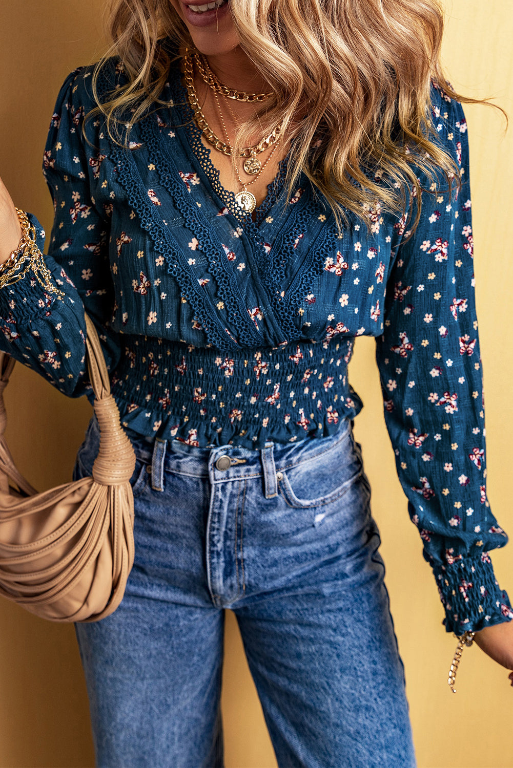 Blue Lace Trim V Neck Floral Smocked Long Sleeve Blouse