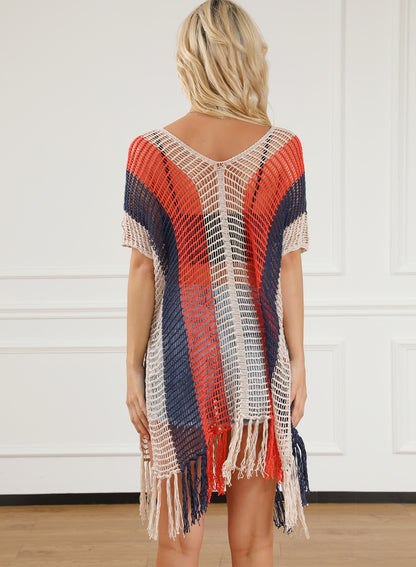 Multicolor Striped Tassel Crochet V Neck Beach Cover Up