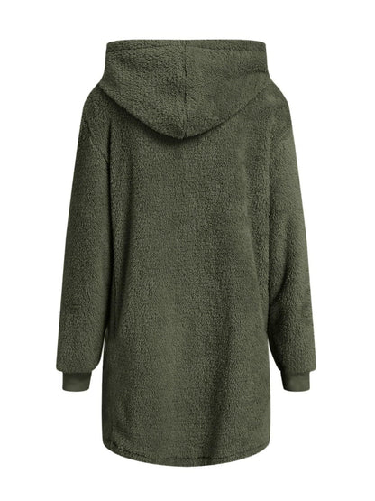 Fuzzy Pocketed Zip Up Long Sleeve Hooded Jacket